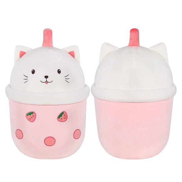 14 Inch Boba Tea Strawberry Cat Plush Pillow - Soft Hugging Toy for Kids & Decor - Picture 2 of 6